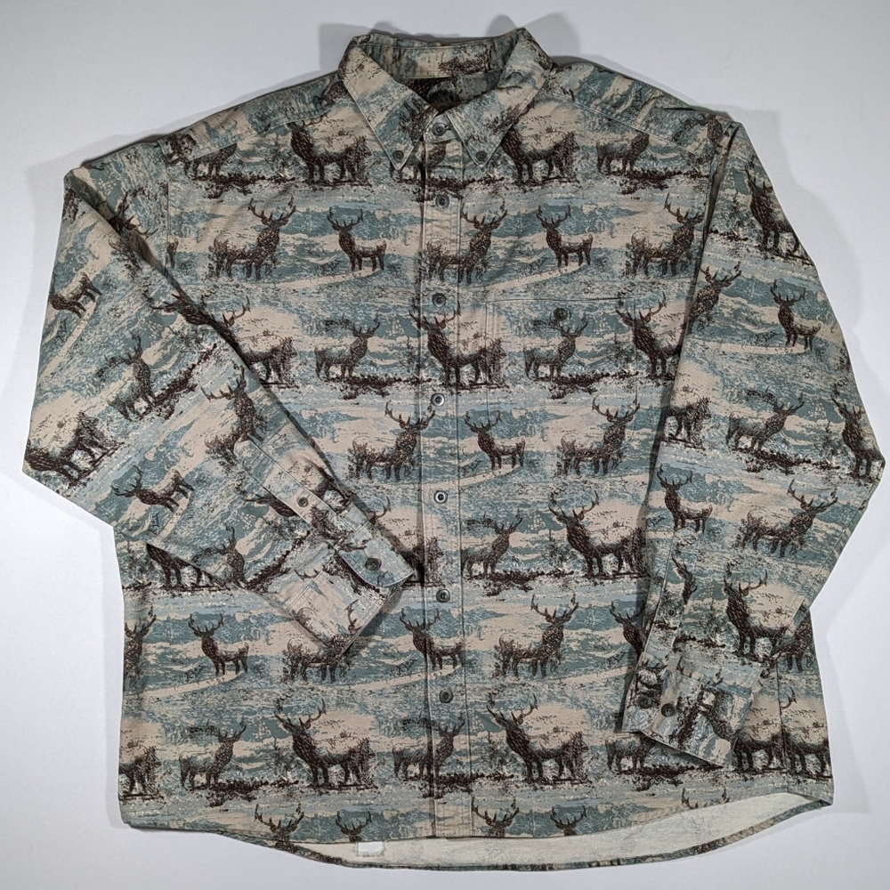 Vintage Cabela's Deerskin Soft Chamois Shirt Size XL AOP Deer Wilderness Green